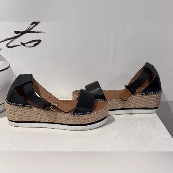 See by Chloé Glyn Flatform Espadrille Sandals. Leather Black. Women’s size 10 - Picture 2 of 9